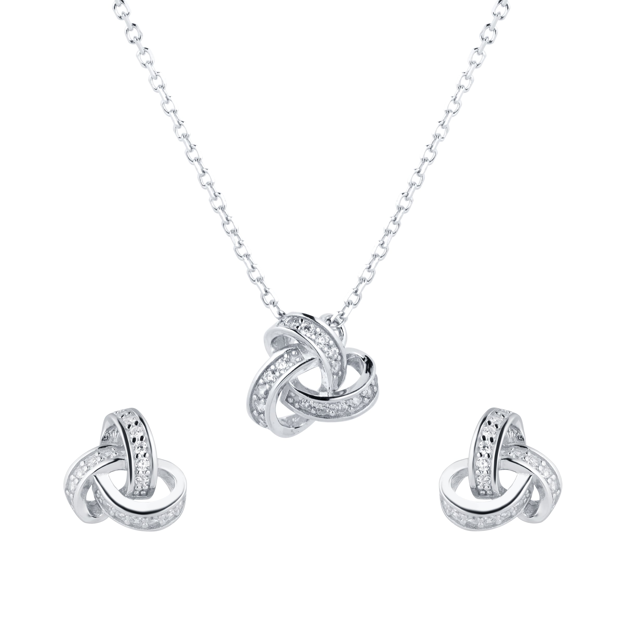 Silver Cubic Zirconia Triple Loop Knot Pendant & Earrings Set