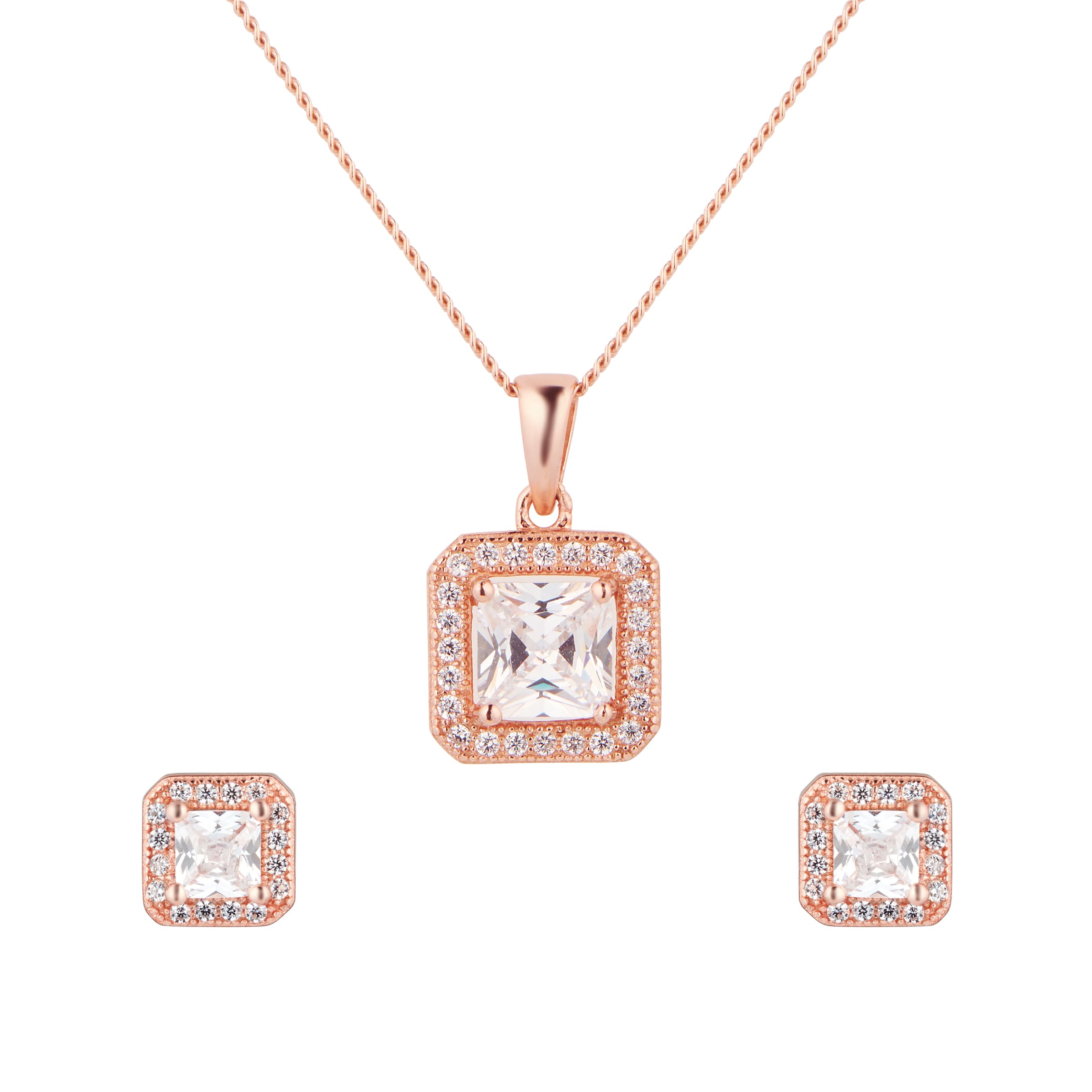 Rose Gold Plated Silver Cushion Cubic Zirconia Necklace & Earrings Set