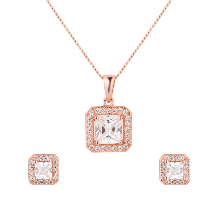 Goldsmiths Rose Gold Plated Silver Cushion Cubic Zirconia Necklace & Earrings Set