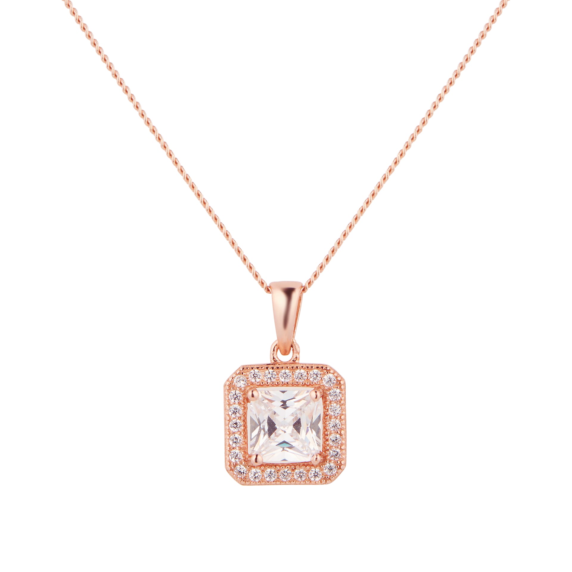 Goldsmiths Rose Gold Plated Silver Cushion Cubic Zirconia Necklace & Earrings Set Goldsmiths Rose Gold Plated Silver Cushion Cubic Zirconia Necklace & Earrings Set