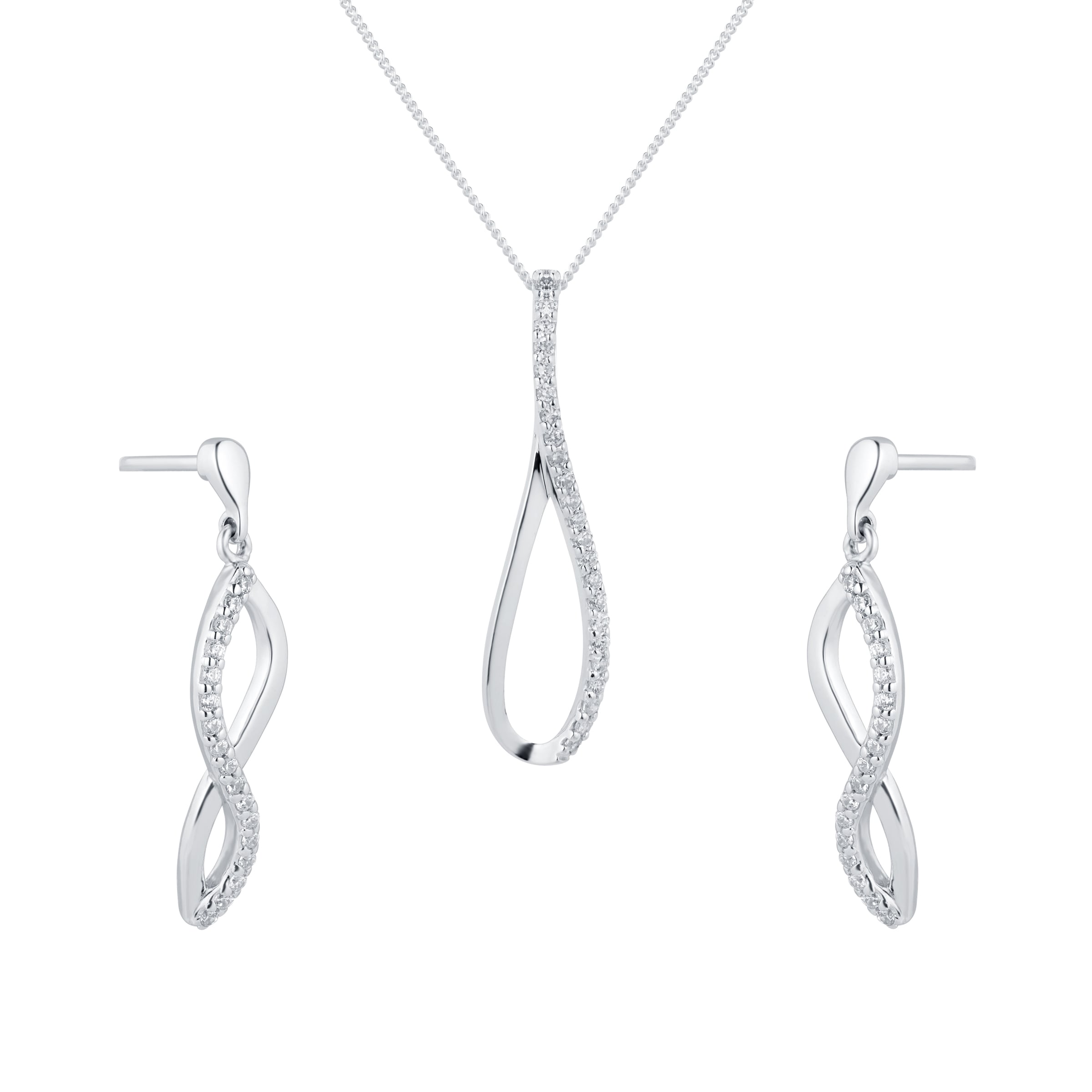Silver Cubic Zirconia Drop Loop Pendant & Earrings Set