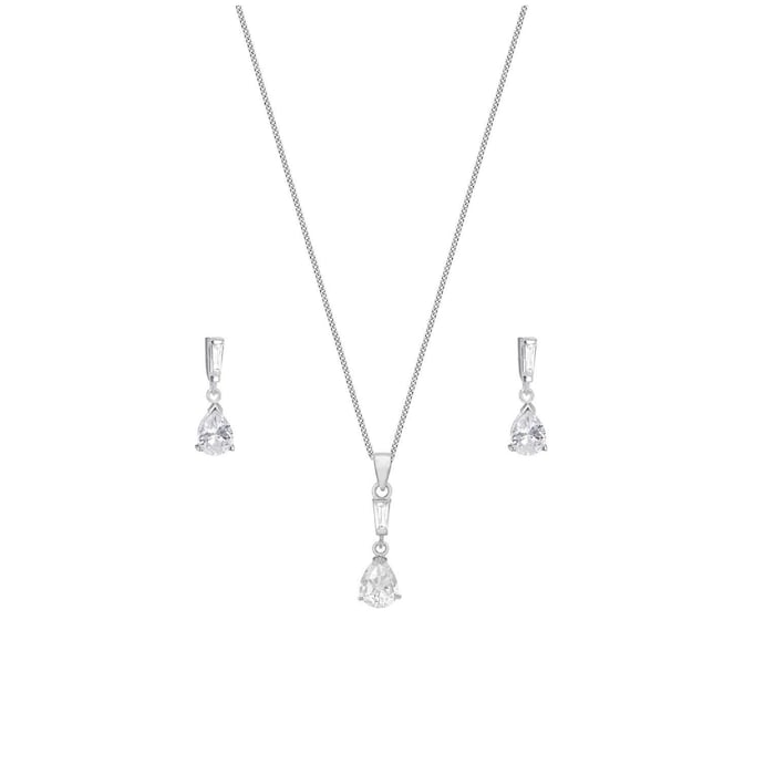 Goldsmiths Silver Cubic Zirconia Pear Pendant & Drop Earrings Set