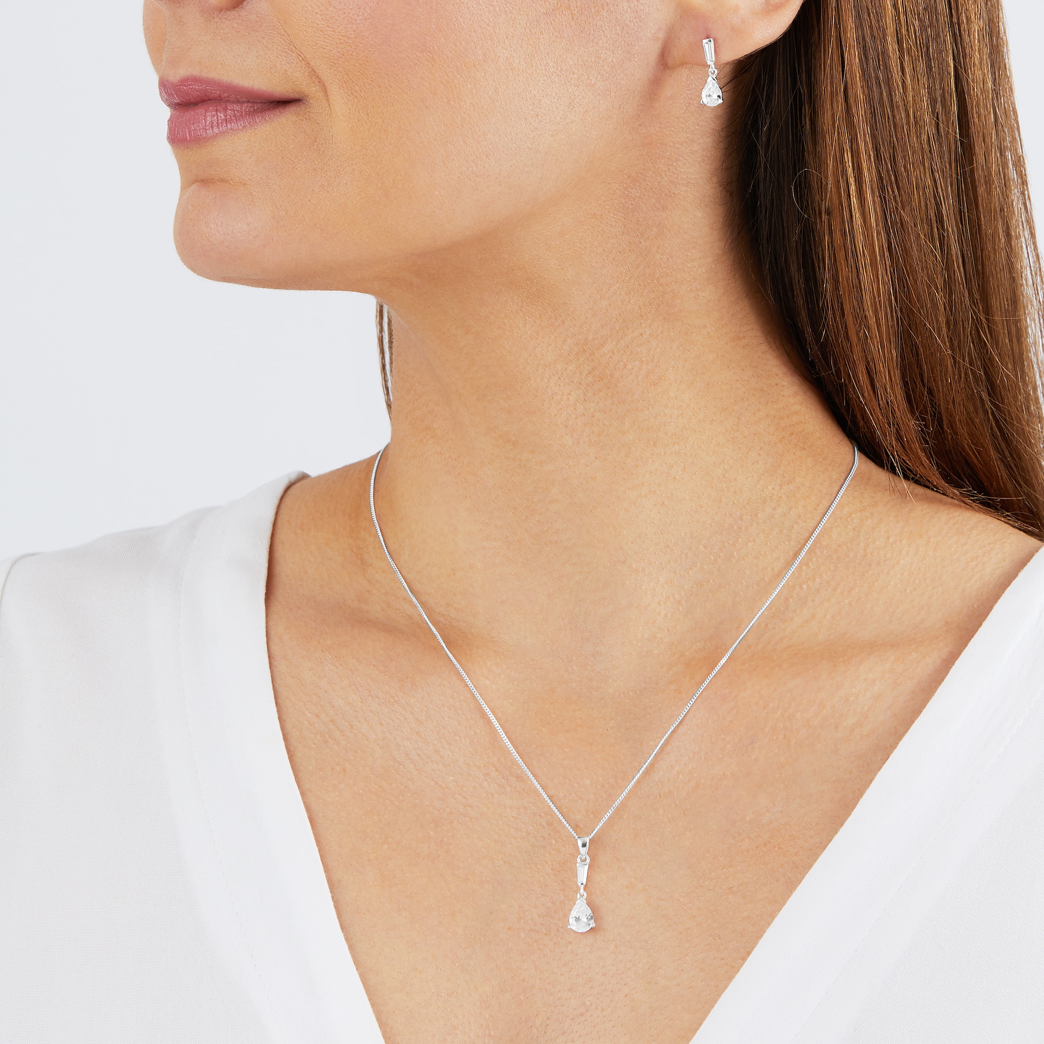 Goldsmiths Silver Cubic Zirconia Pear Pendant & Drop Earrings Set Goldsmiths Silver Cubic Zirconia Pear Pendant & Drop Earrings Set