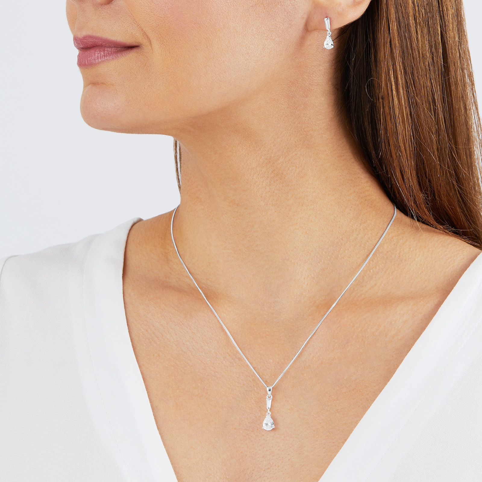 Goldsmiths Silver Cubic Zirconia Pear Pendant & Drop Earrings Set