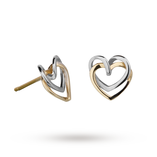 Goldsmiths 9ct 2 Tone Gold Heart Stud Earrings