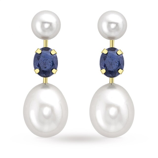 Goldsmiths 9ct Yellow Gold Pearl and Sapphire Drop Earrings