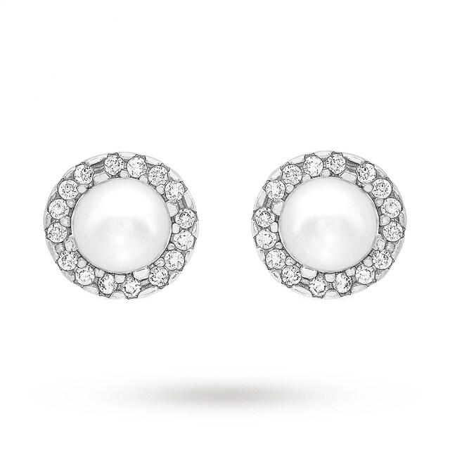 Goldsmiths 9ct White Gold 5mm Pearl and Cubic Zirconia Stud Earrings