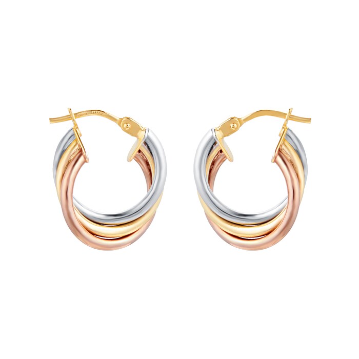 Goldsmiths 9ct Tri Colour Twist 10mm Hoop Earrings