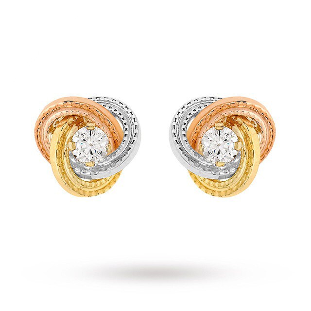 Goldsmiths 9 Carat 3 Colour Gold 8mm Knot and Cubic Zirconia Stud Earrings