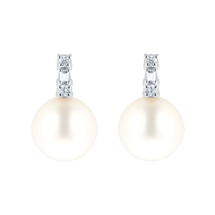 Goldsmiths 9ct White Gold Pearl & Diamond Baguette Stud Earrings