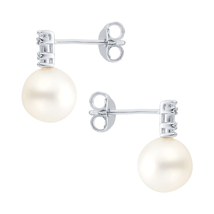 Goldsmiths 9ct White Gold Pearl & Diamond Baguette Stud Earrings