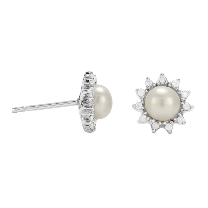 Goldsmiths 9ct White Gold Pearl Diamond Flower Halo Stud Earrings