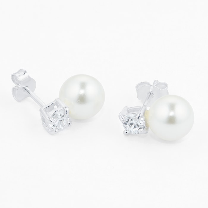 Goldsmiths Silver 7.5mm Pearl & Cubic Zirconia Simple Stud Earrings