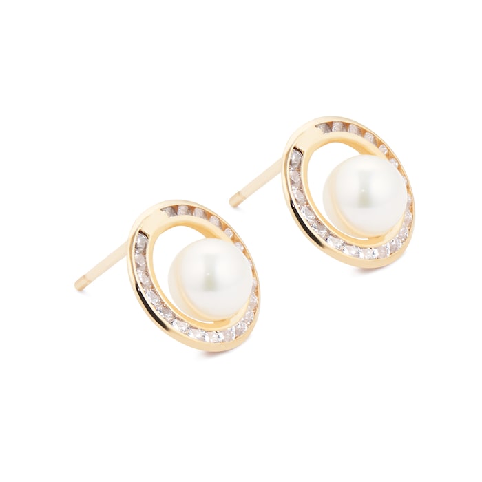 Goldsmiths 9ct Yellow Gold Fresh Water Pearl Cubic Zirconia Circle Stud Earrings