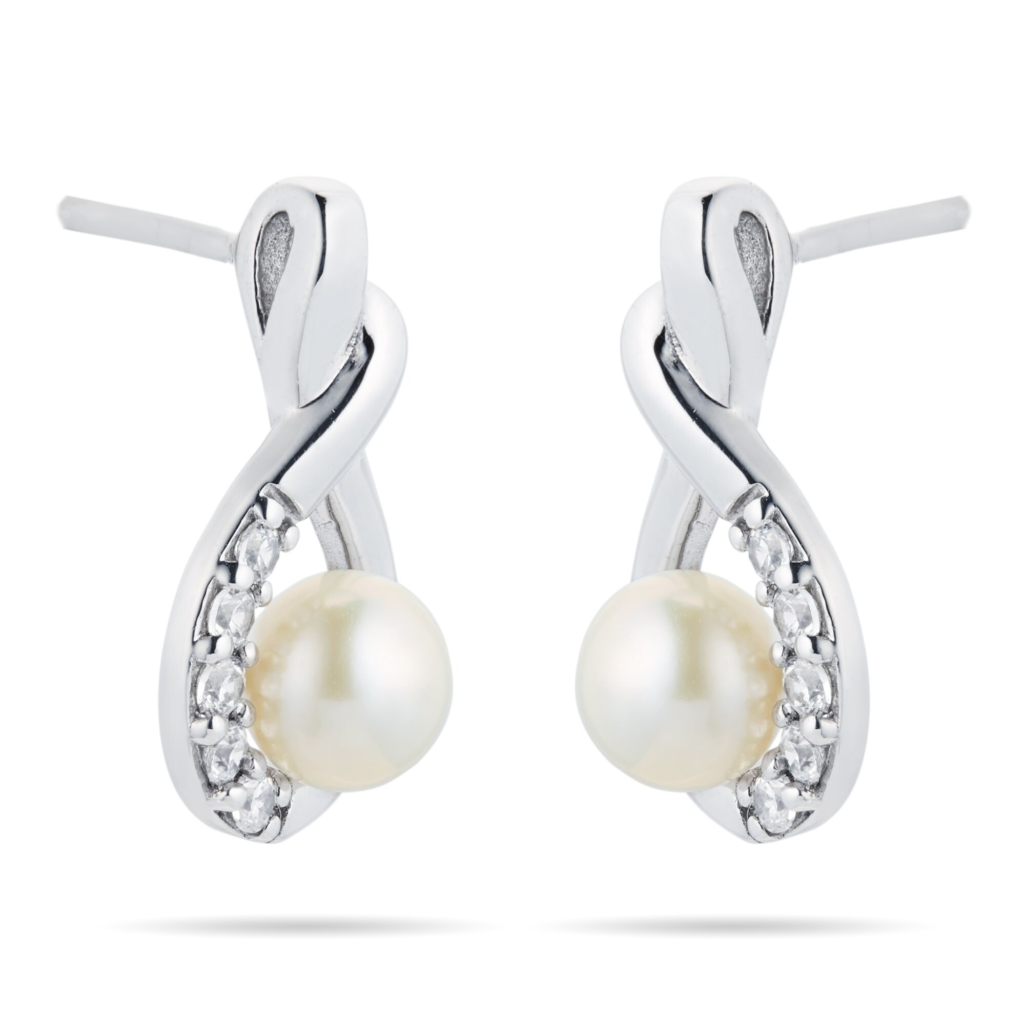 Goldsmiths Silver Cubic Zirconia Fluid Twist Pearl 5mm Stud Earrings