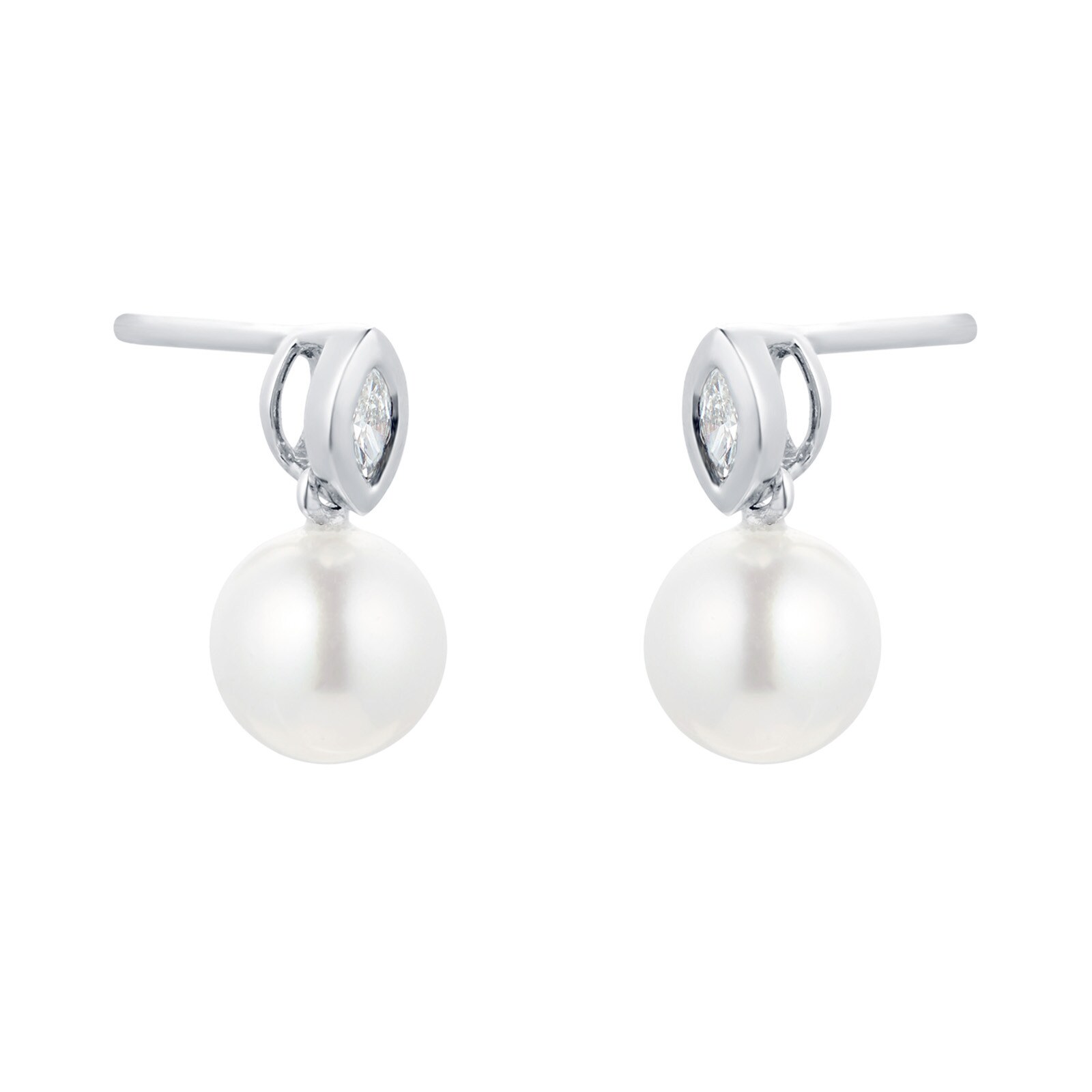 9ct White Gold 6-6.5mm Fresh Water Pearl & Diamond Drop Earrings
