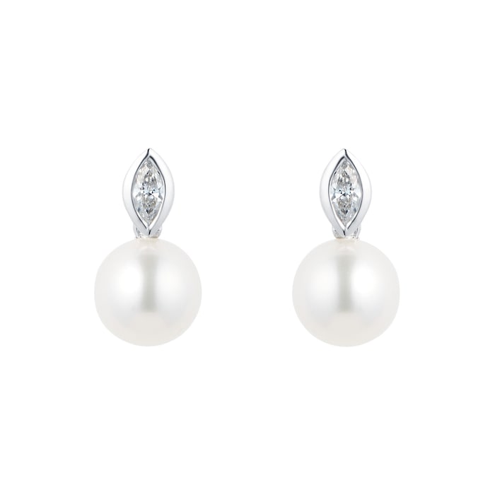 Goldsmiths 9ct White Gold 6-6.5mm Fresh Water Pearl & Diamond Drop Earrings