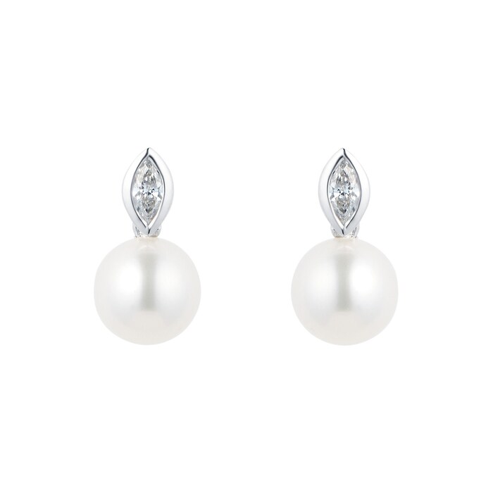 Goldsmiths 9ct White Gold 6-6.5mm Fresh Water Pearl & Diamond Drop Earrings