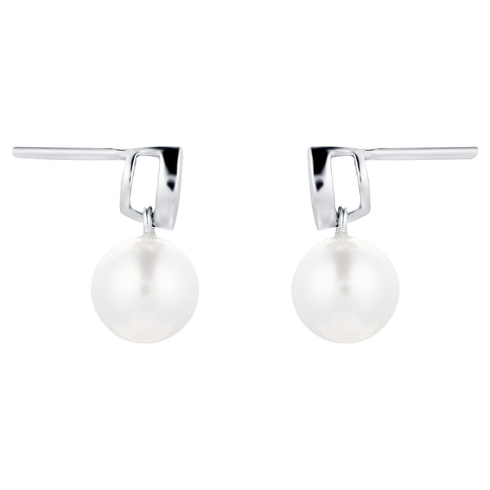 Goldsmiths 9ct White Gold 6-6.5mm Fresh Water Pearl & Diamond Drop Earrings