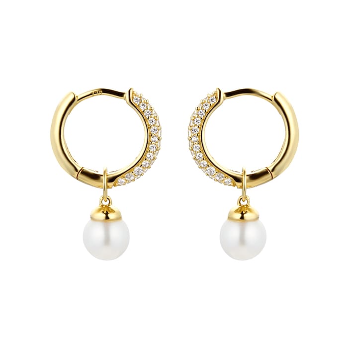 Goldsmiths 9ct Yellow Gold Fresh Water Pearl & Cubic Zirconia Huggie Earrings