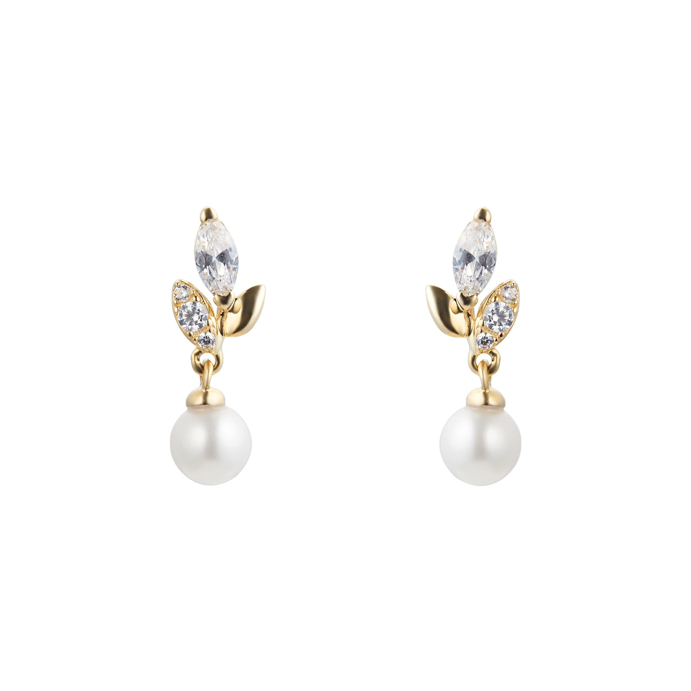 9ct Yellow Gold Pearl & Cubic Zirconia Floral Drop Earrings