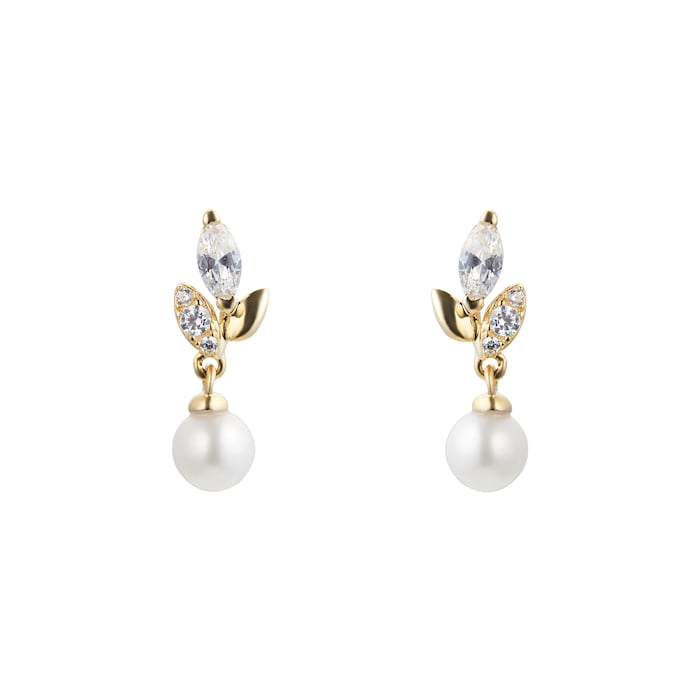 Goldsmiths 9ct Yellow Gold Pearl & Cubic Zirconia Floral Drop Earrings