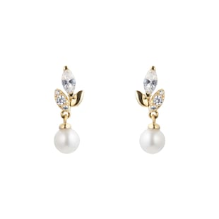 Goldsmiths 9ct Yellow Gold Pearl & Cubic Zirconia Floral Drop Earrings