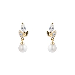 15070339 - 9ct Yellow Gold Pearl 
Cubic Zirconia Floral Drop Earrings