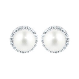15070342 - 18ct White Gold Freshwater Pearl & Diamond Halo Stud Earrings