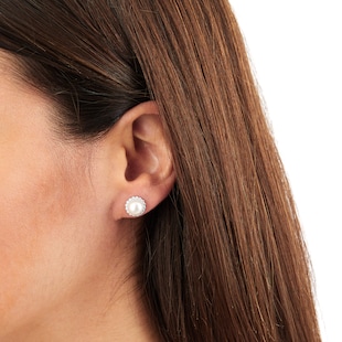 Mappin & Webb 18ct White Gold Freshwater Pearl & Diamond Halo Stud Earrings