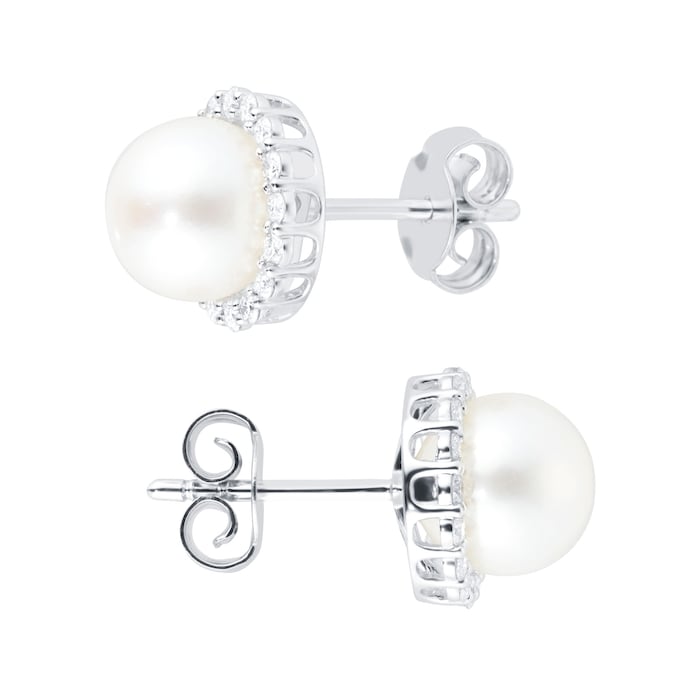 Mappin & Webb 18ct White Gold Freshwater Pearl & Diamond Halo Stud Earrings