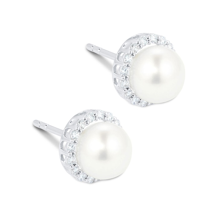 Mappin&Webb 18ct White Gold Freshwater Pearl & Diamond Halo Stud Earrings