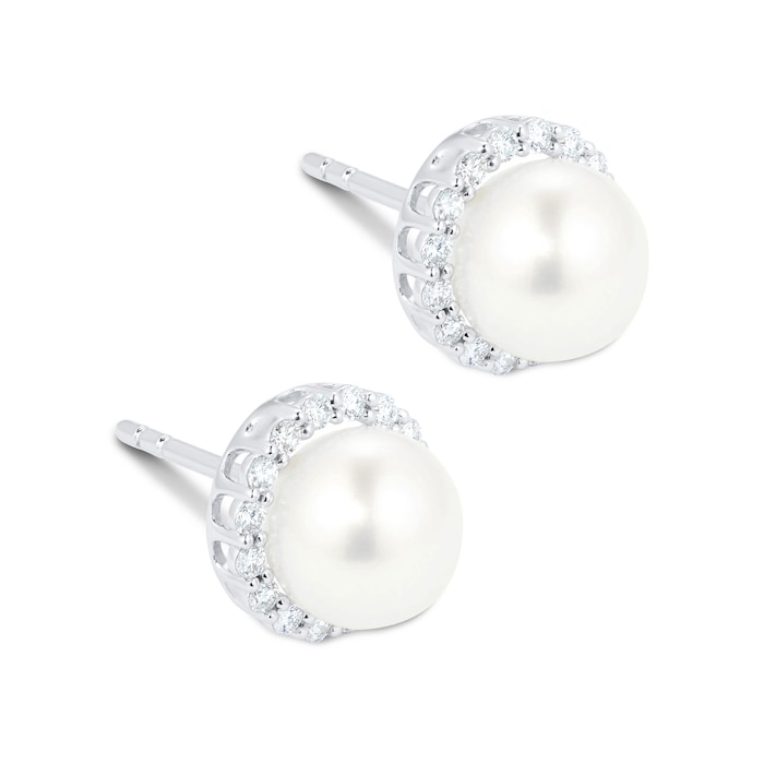 Mappin & Webb 18ct White Gold Freshwater Pearl & Diamond Halo Stud Earrings