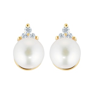 Mappin & Webb 18ct Yellow Gold Freshwater Pearl & Trefoil Diamond Stud Earrings