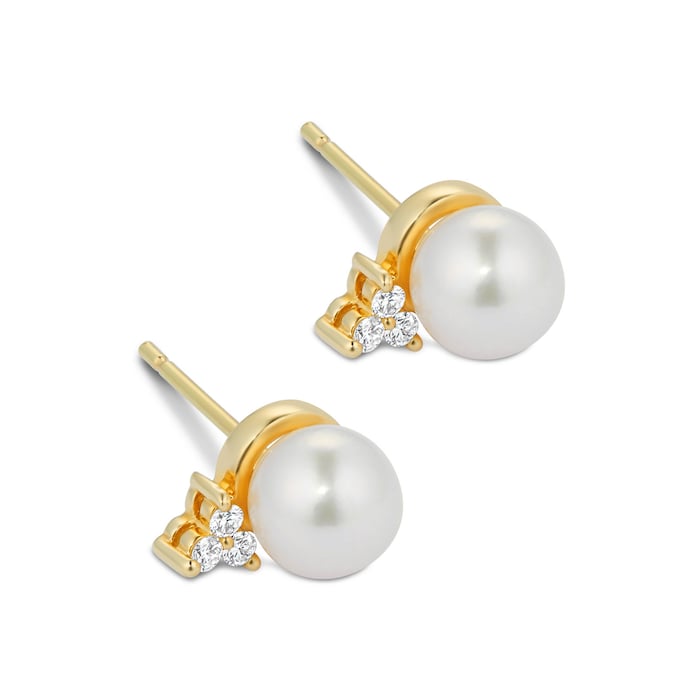 Mappin & Webb 18ct Yellow Gold Freshwater Pearl & Trefoil Diamond Stud Earrings