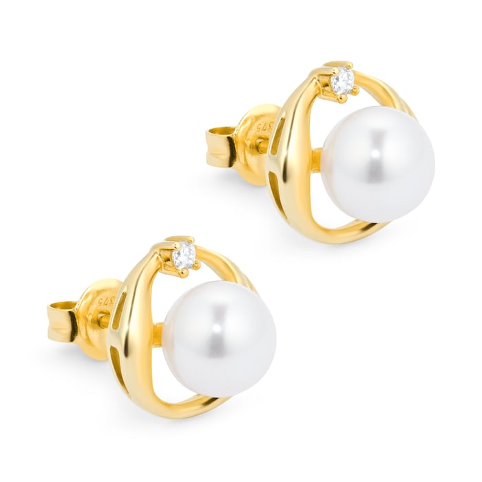 Goldsmiths 9ct Yellow Gold Fluid Pearl 0.04ct Stud Earrings