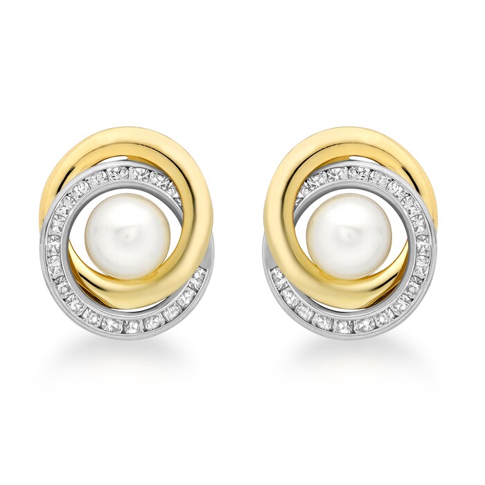 Goldsmiths 9ct Gold Cubic Zirconia and 6mm Pearl Swirl Stud Earrings