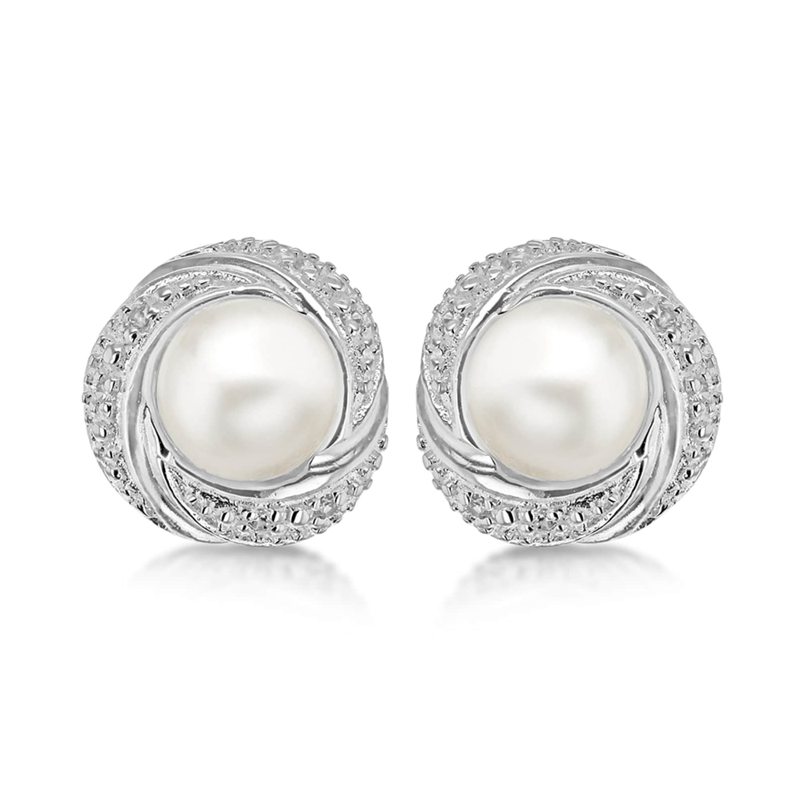 Sterling Silver White Cubic Zirconia and Pearl 12mm Crossover Stud Earrings