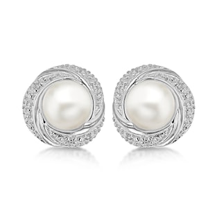 Goldsmiths Sterling Silver White Cubic Zirconia and Pearl 12mm Crossover Stud Earrings