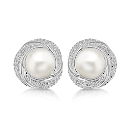 15070348 - Sterling Silver White Cubic Zirconia and Pearl 12mm Crossover Stud Earrings