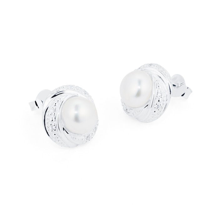 Goldsmiths Sterling Silver White Cubic Zirconia and Pearl 12mm Crossover Stud Earrings