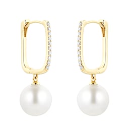 15070358 - 18ct Yellow Gold Pearl and Diamond Hoop Earrings