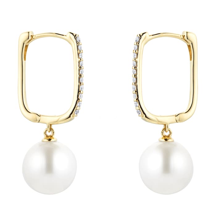 Goldsmiths 18ct Yellow Gold Pearl and Diamond Hoop Earrings