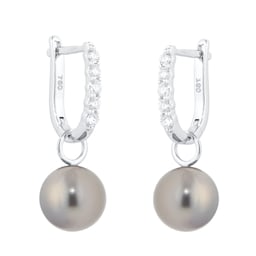 15070367 - 18ct White Gold 0.30cttw Diamond & Tahitian Pearl Hoop Earrings