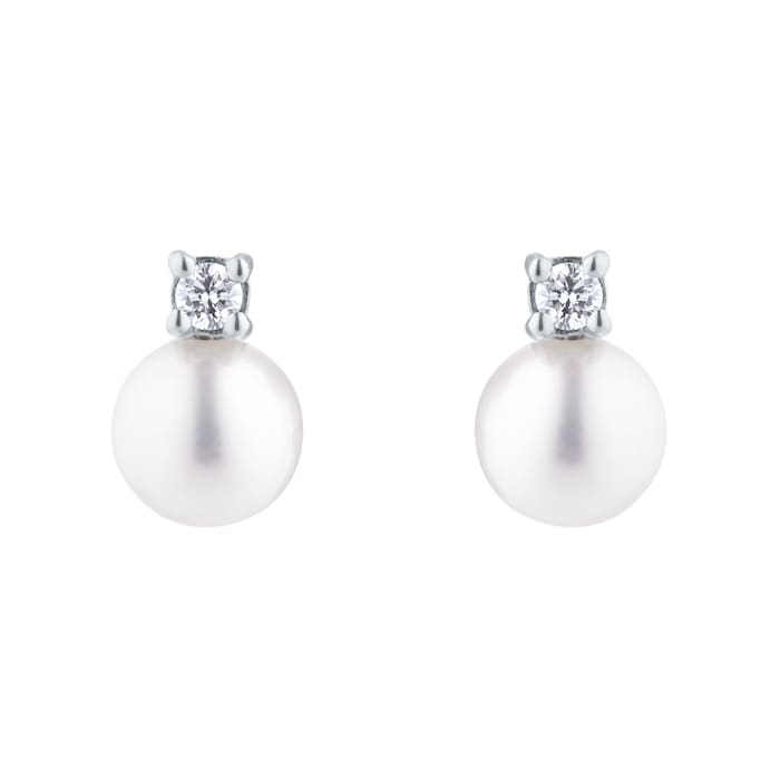 Goldsmiths 18ct White Gold Akoya Pearl & 0.08ct Diamond Stud Earrings