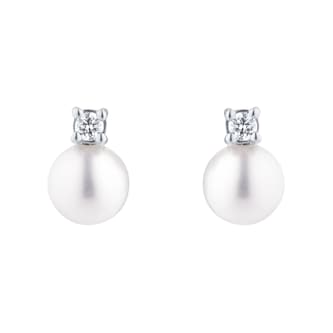 Goldsmiths 18ct White Gold Akoya Pearl & 0.08ct Diamond Stud Earrings