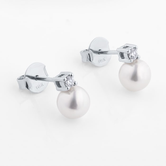 Goldsmiths 18ct White Gold Akoya Pearl & 0.08ct Diamond Stud Earrings