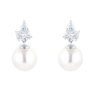 Mappin & Webb 18ct White Gold 8mm-8.5mm AA+ Akoya & 0.41cttw Marquise Cut Diamond Stud Earrings