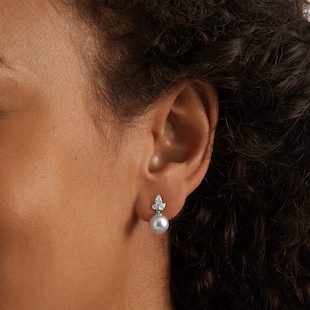 Mappin & Webb 18ct White Gold 8mm-8.5mm AA+ Akoya & 0.41cttw Marquise Cut Diamond Stud Earrings