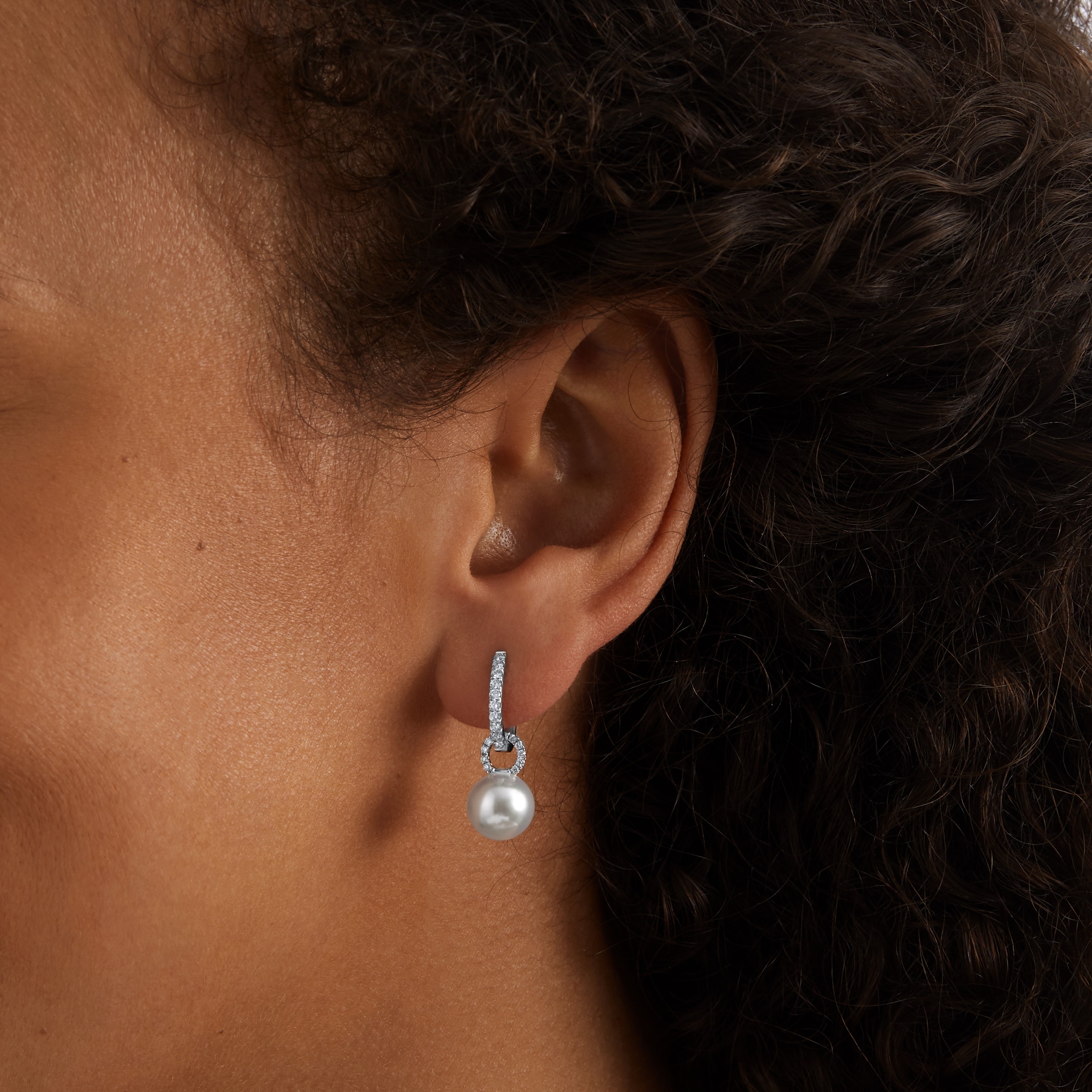Mappin & Webb 18ct White Gold 9mm-9.5mm AAA Akoya & 0.38cttw Diamond Hoop Earrings
